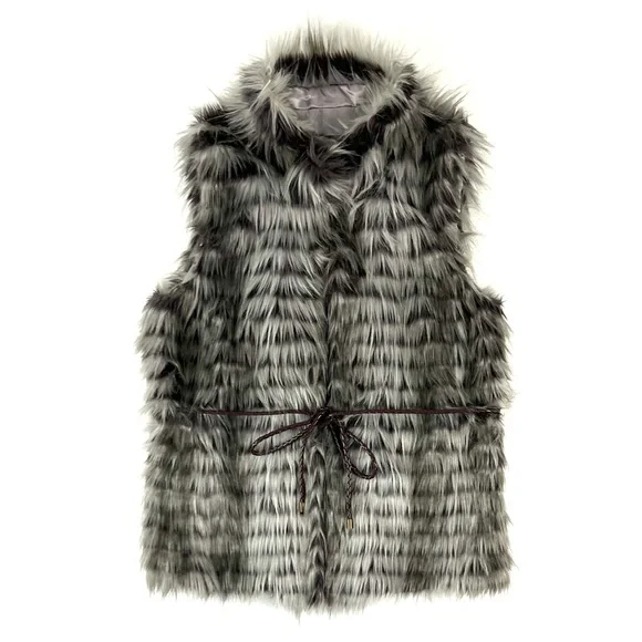 Bebe Grey Striped Faux Fur Belted Vest